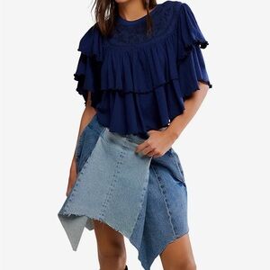NWT Free People Navy Rose Party Tee Ruffled Top